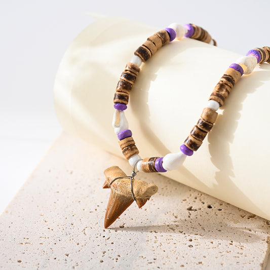 1 pc Bohemian Style Natural Shark Tooth with Assorted Beads and Shells Pendant Necklace for Women and Men - Ideal for Beach Trips and Casual Wear
