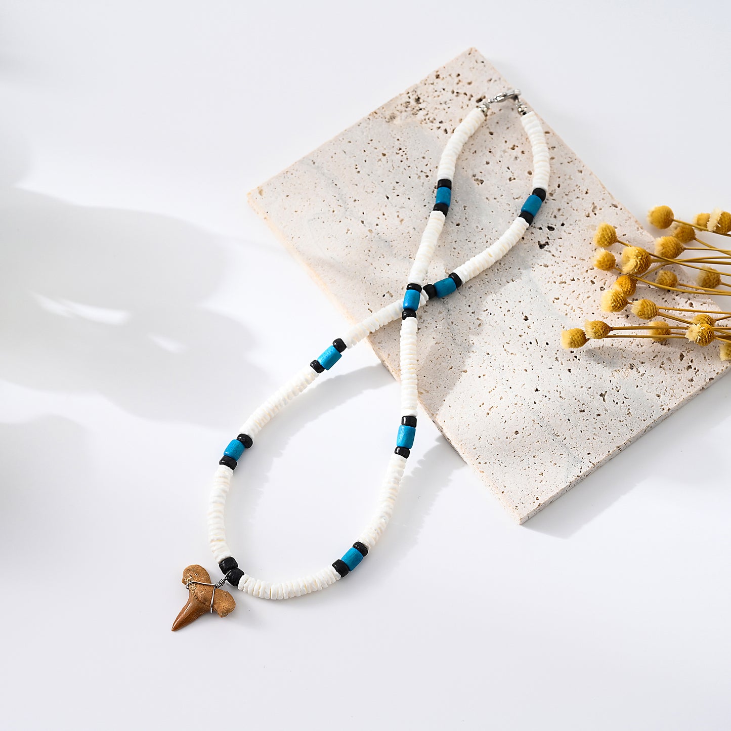 1pc Unisex Bohemian Style Shark Tooth Necklace with White Shell & Blue/Black Beads - Coastal Beach Jewelry for Summer Vacation/Beach Party Gift