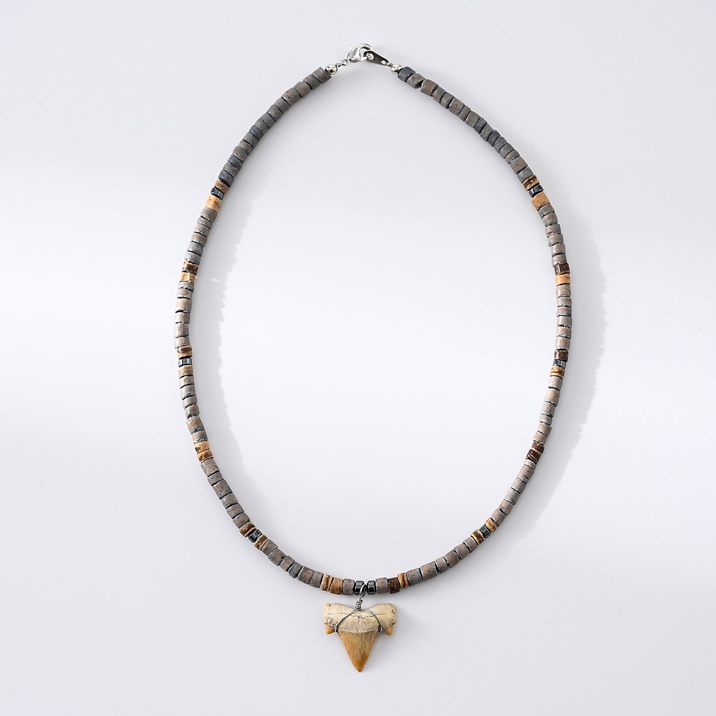 1pc Unisex Coastal Style Necklace, Grey & Tan Beads with Natural Fossil Shark Tooth Pendant on 18inch Chain, Summer Beach/Adventure Gift