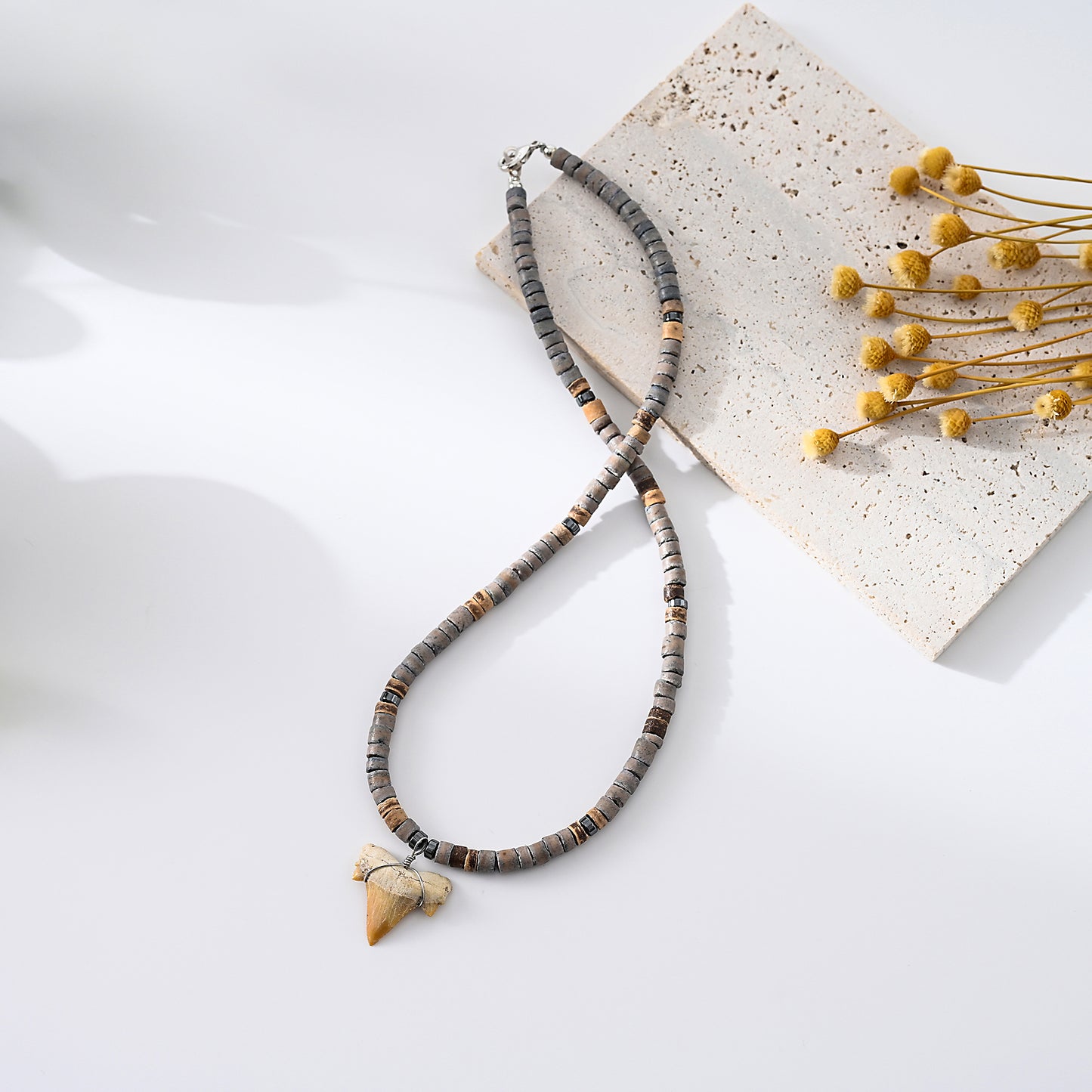 1pc Unisex Coastal Style Necklace, Grey & Tan Beads with Natural Fossil Shark Tooth Pendant on 18inch Chain, Summer Beach/Adventure Gift