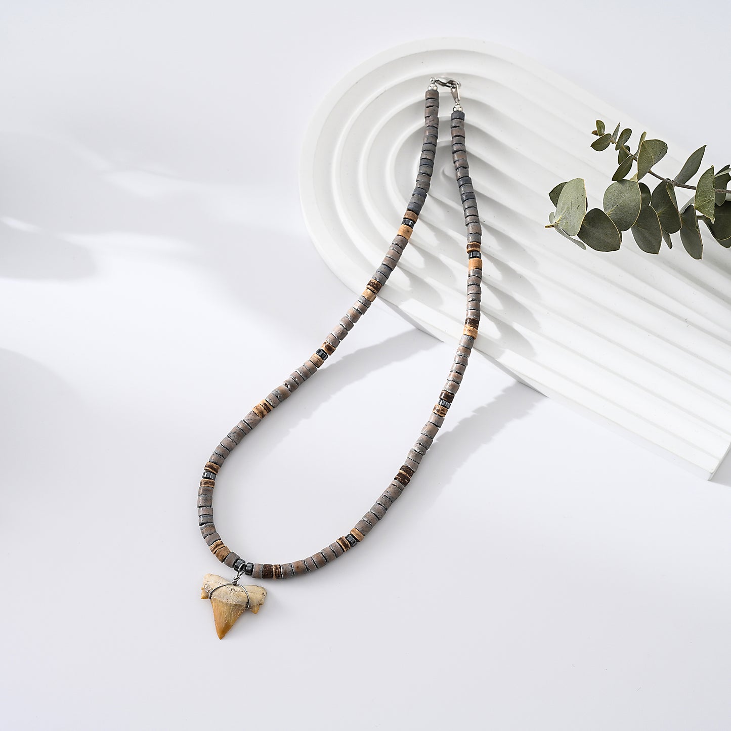 1pc Unisex Coastal Style Necklace, Grey & Tan Beads with Natural Fossil Shark Tooth Pendant on 18inch Chain, Summer Beach/Adventure Gift