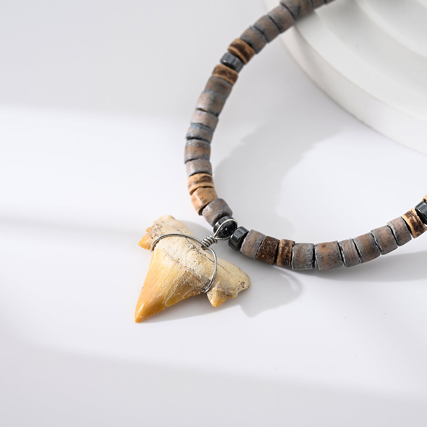 1pc Unisex Coastal Style Necklace, Grey & Tan Beads with Natural Fossil Shark Tooth Pendant on 18inch Chain, Summer Beach/Adventure Gift