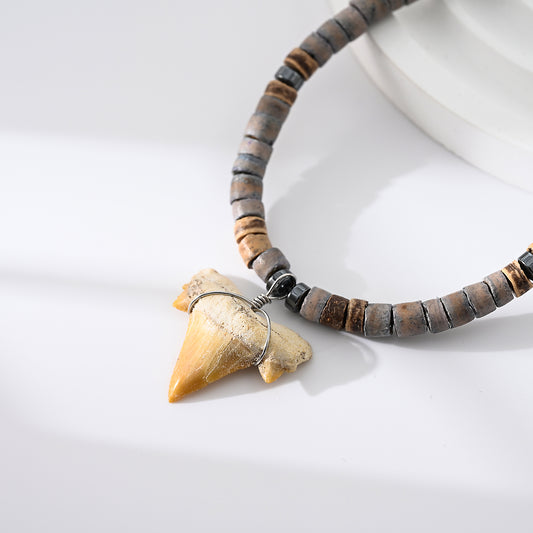 1pc Unisex Coastal Style Necklace, Grey & Tan Beads with Natural Fossil Shark Tooth Pendant on 18inch Chain, Summer Beach/Adventure Gift