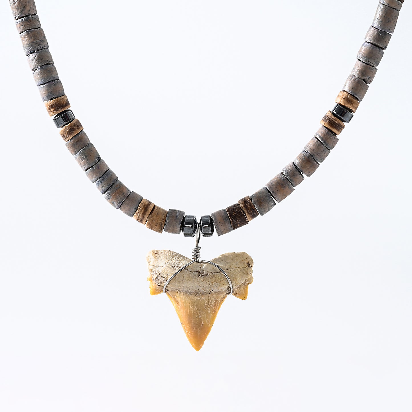 1pc Unisex Coastal Style Necklace, Grey & Tan Beads with Natural Fossil Shark Tooth Pendant on 18inch Chain, Summer Beach/Adventure Gift