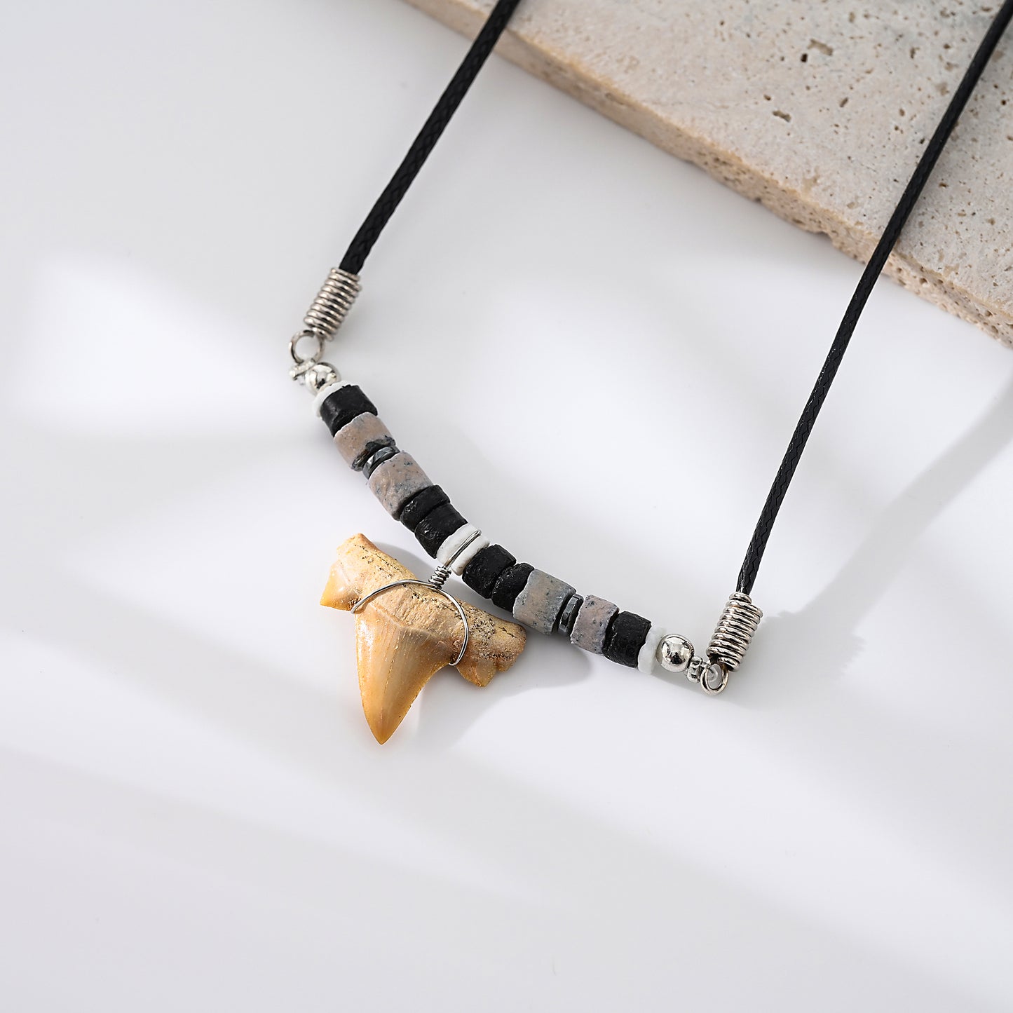 1pc Men's Adventure Style Necklace, Real Shark Tooth & Mixed Beads, Black Cord Chain, Everyday/Outdoor/Casual Gift Accessory