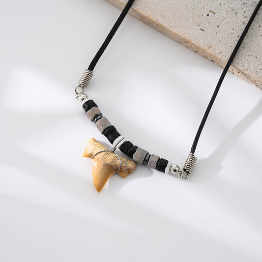 1pc Men's Adventure Style Necklace, Real Shark Tooth & Mixed Beads, Black Cord Chain, Everyday/Outdoor/Casual Gift Accessory