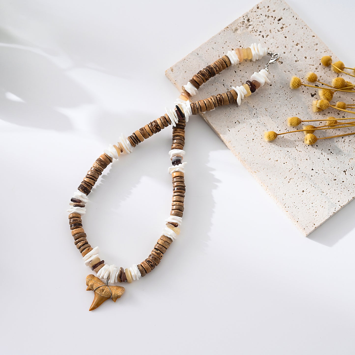 1pc Men's Bohemian Style Natural Shark Tooth & Wooden/Shell Beads Necklace, Beach Adventure Jewelry for Summer/Father's Day Gift