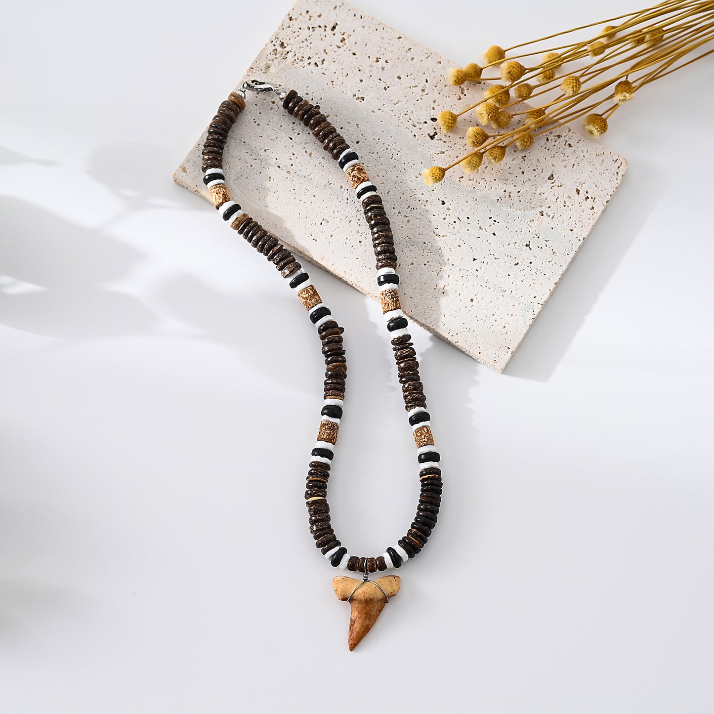 1pc Faux Shark Tooth & Natural Coco Combo Beads (Black/White/Brown), Silver Accents, Unisex Summer Vacation/Beach Party/Casual Gift