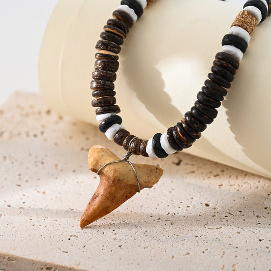 1pc Faux Shark Tooth & Natural Coco Combo Beads (Black/White/Brown), Silver Accents, Unisex Summer Vacation/Beach Party/Casual Gift