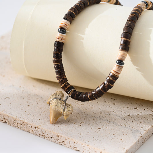 1pc Boho Beach Necklace, Brown Coconut Shell Beads & Shark Tooth, Silver-Accented Carved Beads, Unisex Summer Vacation/Beach Party/Casual Gift