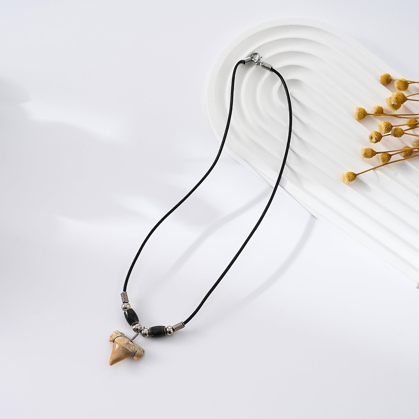 1pc Nautical Men's Necklace, Genuine Shark Tooth & Silver Star Charm, Brown Leather Cord, Summer Beach Party/Casual Gift