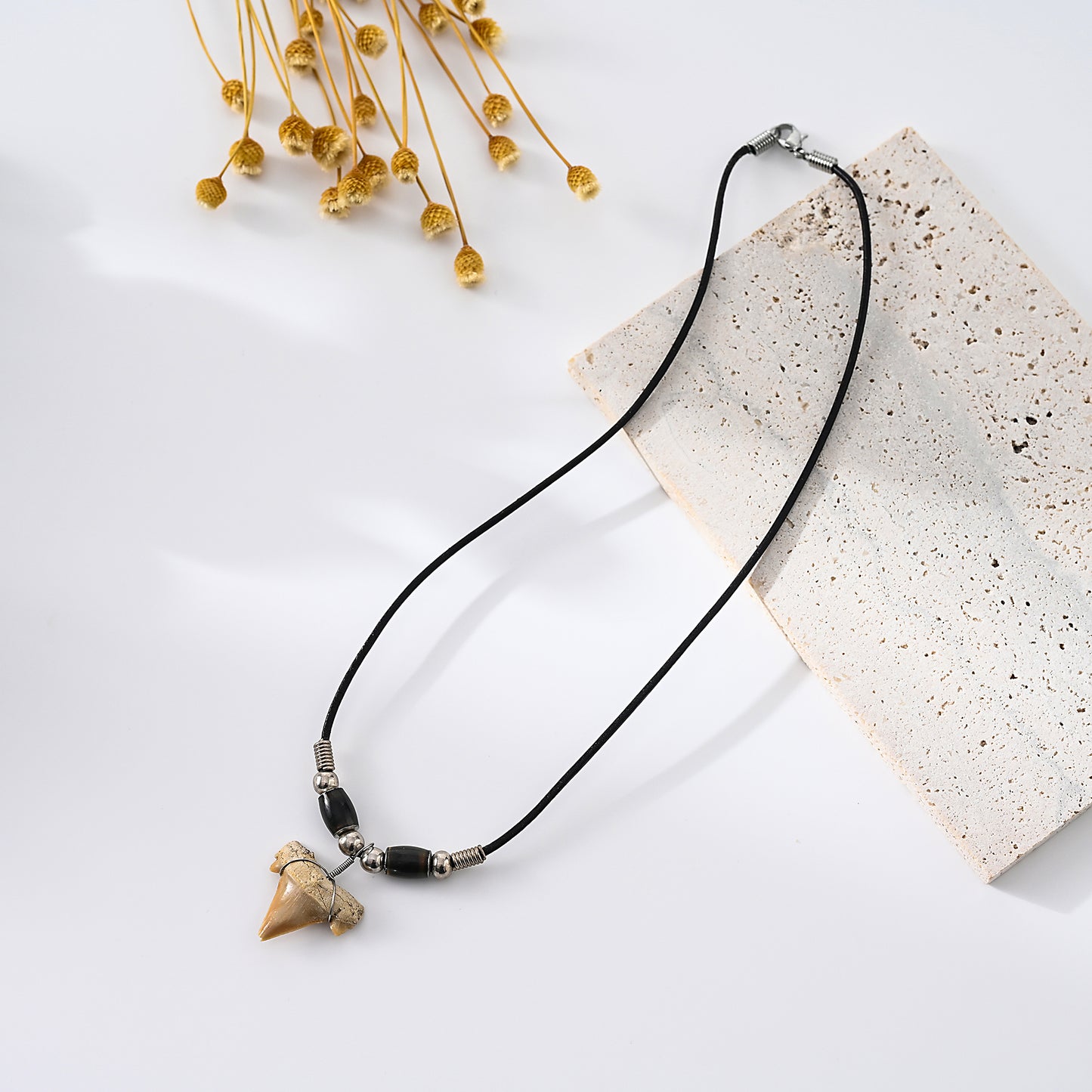 1pc Nautical Men's Necklace, Genuine Shark Tooth & Silver Star Charm, Brown Leather Cord, Summer Beach Party/Casual Gift