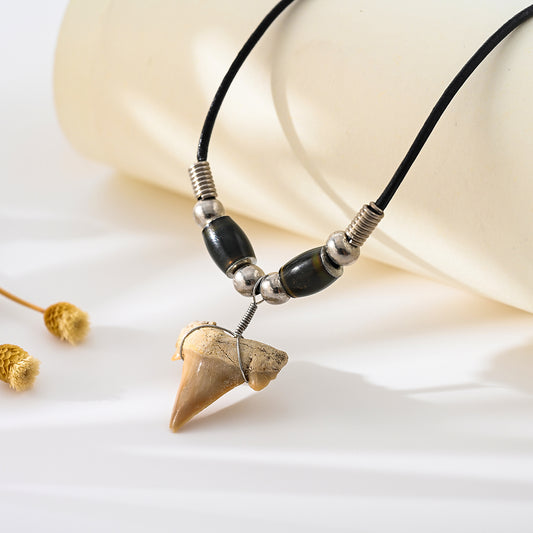 1pc Nautical Men's Necklace, Genuine Shark Tooth & Silver Star Charm, Brown Leather Cord, Summer Beach Party/Casual Gift