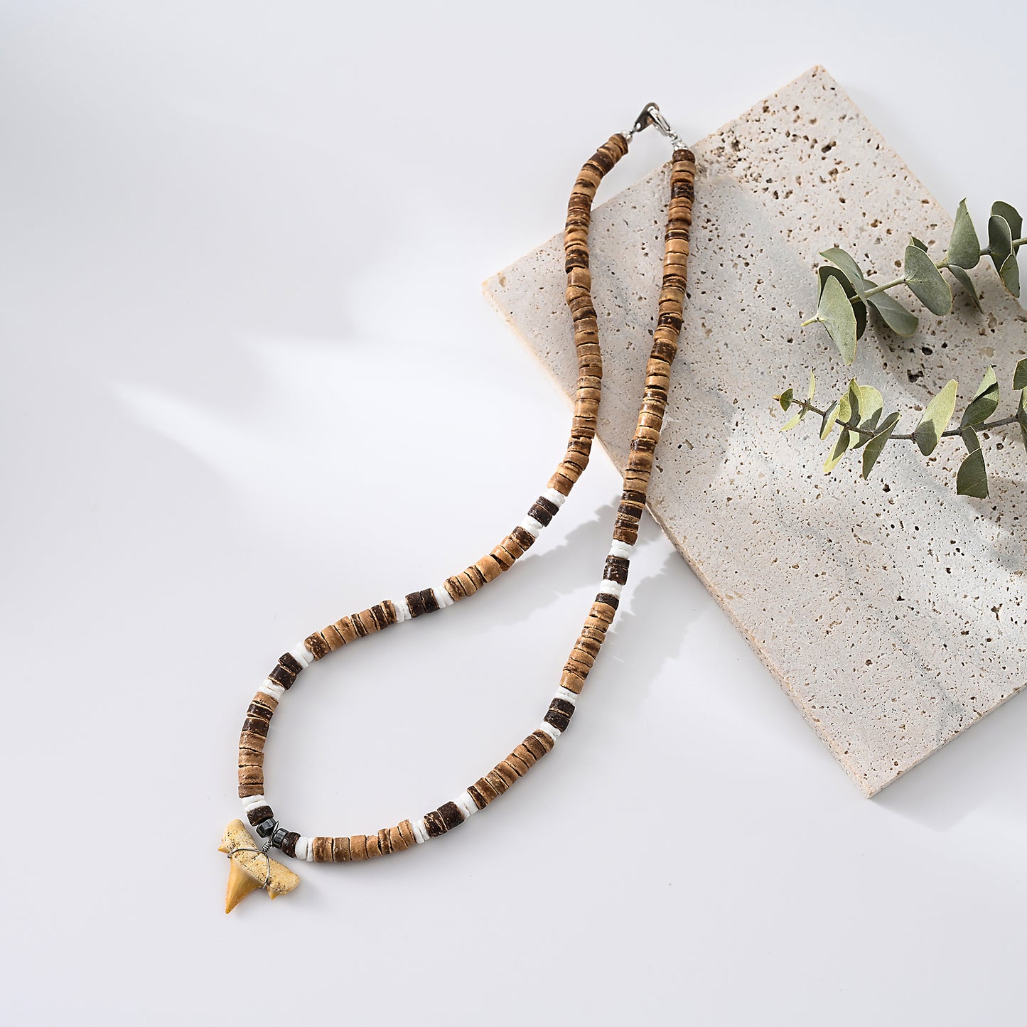 1pc Men's Coastal Beach Necklace, Natural Fossil Style with Shark Tooth Pendant, Wooden Bead & Coconut Accent Chain, Ideal for Summer Vacation/Beach Party Gift