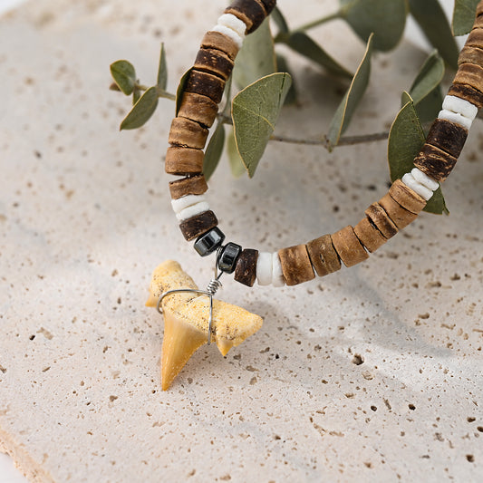 1pc Men's Coastal Beach Necklace, Natural Fossil Style with Shark Tooth Pendant, Wooden Bead & Coconut Accent Chain, Ideal for Summer Vacation/Beach Party Gift