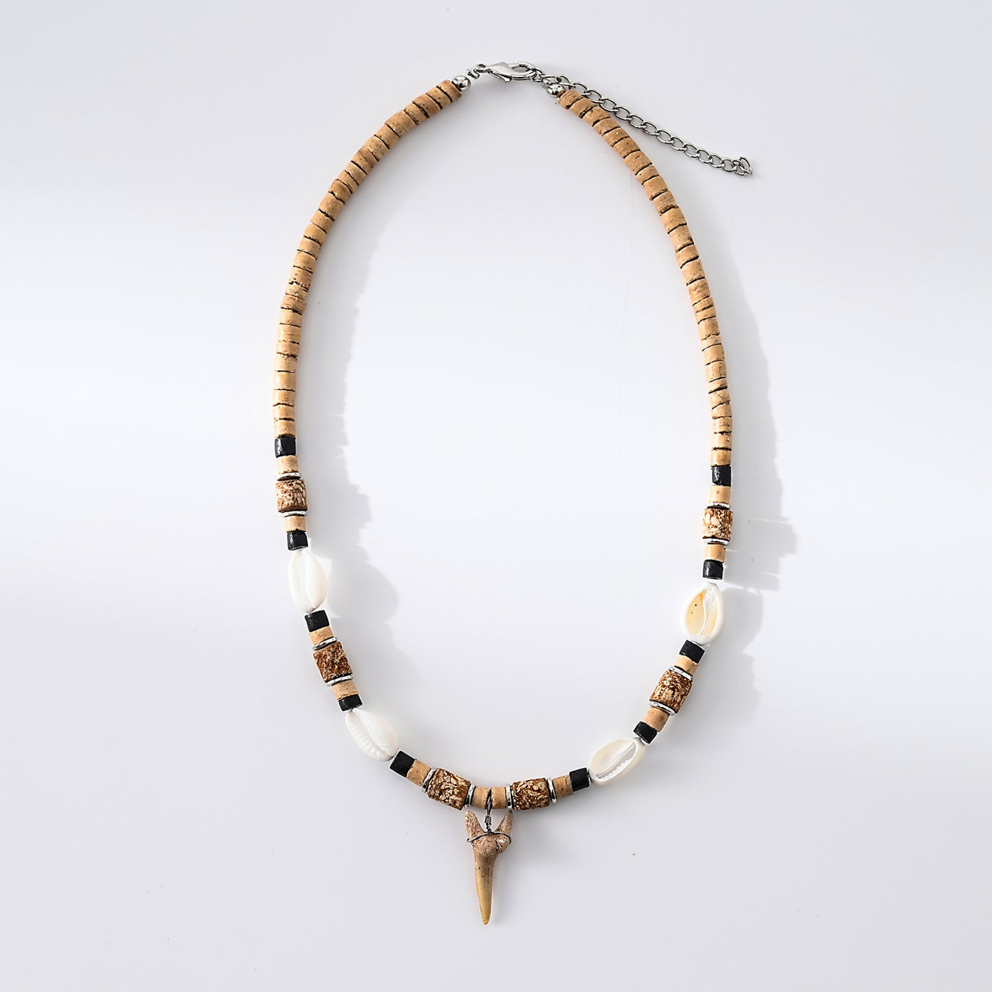 1pc Bohemian Style Mixed Bead Shark Tooth Necklace for Men/Women - Natural Wood & Shell Beads with Authentic Shark Teeth, Beach Party/Summer Gift