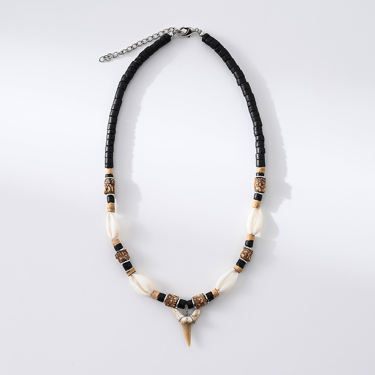 1pc Bohemian Style Mixed Bead Shark Tooth Necklace for Men/Women - Natural Wood & Shell Beads with Authentic Shark Teeth, Beach Party/Summer Gift