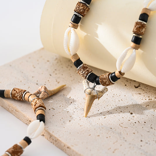 1pc Bohemian Style Mixed Bead Shark Tooth Necklace for Men/Women - Natural Wood & Shell Beads with Authentic Shark Teeth, Beach Party/Summer Gift