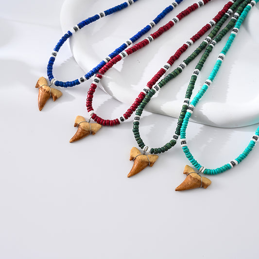 1pc Boho Beach Necklace, Faux Shark Tooth & Colorful Beads (Blue/Red/Green/Turquoise), Silver Accents, Unisex Summer Vacation/Pool Party/Festival Accessory