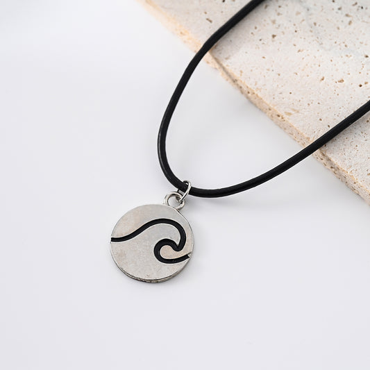 1pc Minimalist Wave Necklace, Silver Antiqued Disk Pendant with Black Wavy Inlay, Black Cord, Unisex Everyday Wear/Date Night/Casual Gift