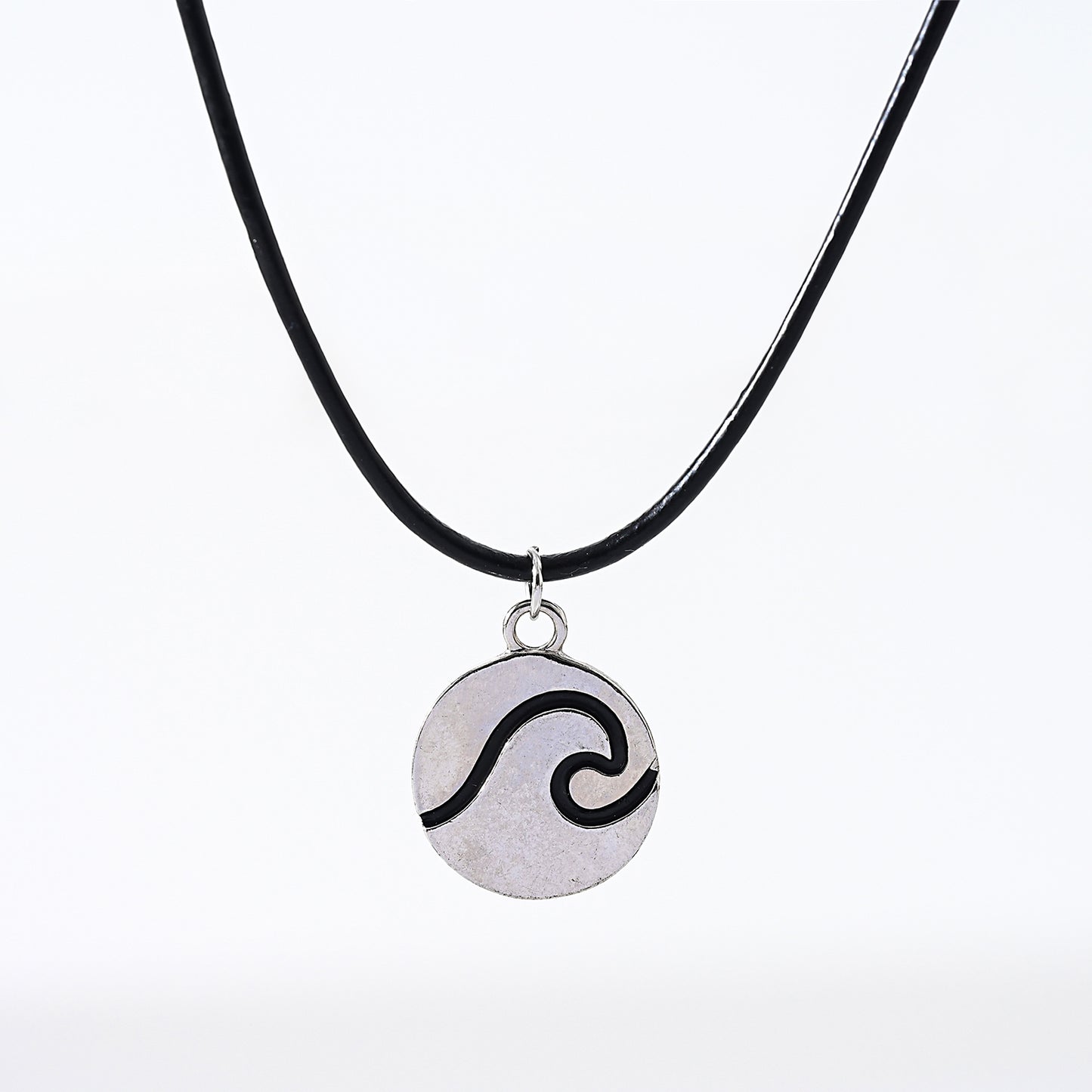 1pc Minimalist Wave Necklace, Silver Antiqued Disk Pendant with Black Wavy Inlay, Black Cord, Unisex Everyday Wear/Date Night/Casual Gift