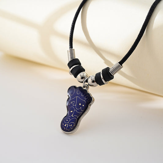 1pc Mood Foot Print with the words Big Foot inside Necklace Street Style Pendant Necklace, Black Rope Chain with Blue Footprint Pendant,  Silver Beads, Unisex Gift for Music Lovers/Festivals/Casual Wear