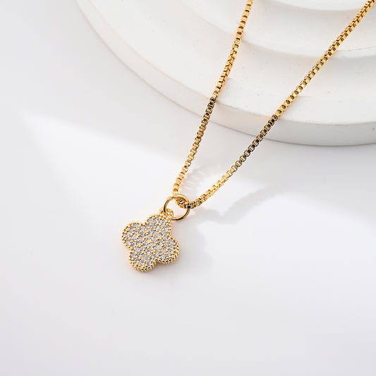 1pc Vintage Gold-Plated Necklace, Full Diamond-Covered Clover Pendant, Square Chain, Women's Valentine's Day/Anniversary/Formal Gift