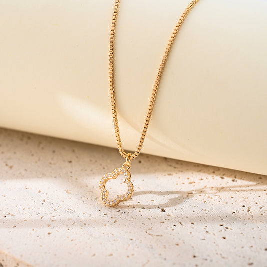 1pc Elegant Gold-Plated Necklace, Diamond-Encrusted Clover Pendant, Square Chain, Women's Valentine's Day/Anniversary/Formal Event Gift