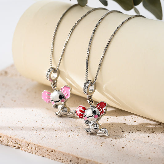 1pc Kawaii Boho Necklace Silver Axolotl Pendants with Pink&Red Ears and Crystal Accents, Square/Box Chains, Women's Everyday Wear/Date Night/Casual Gift