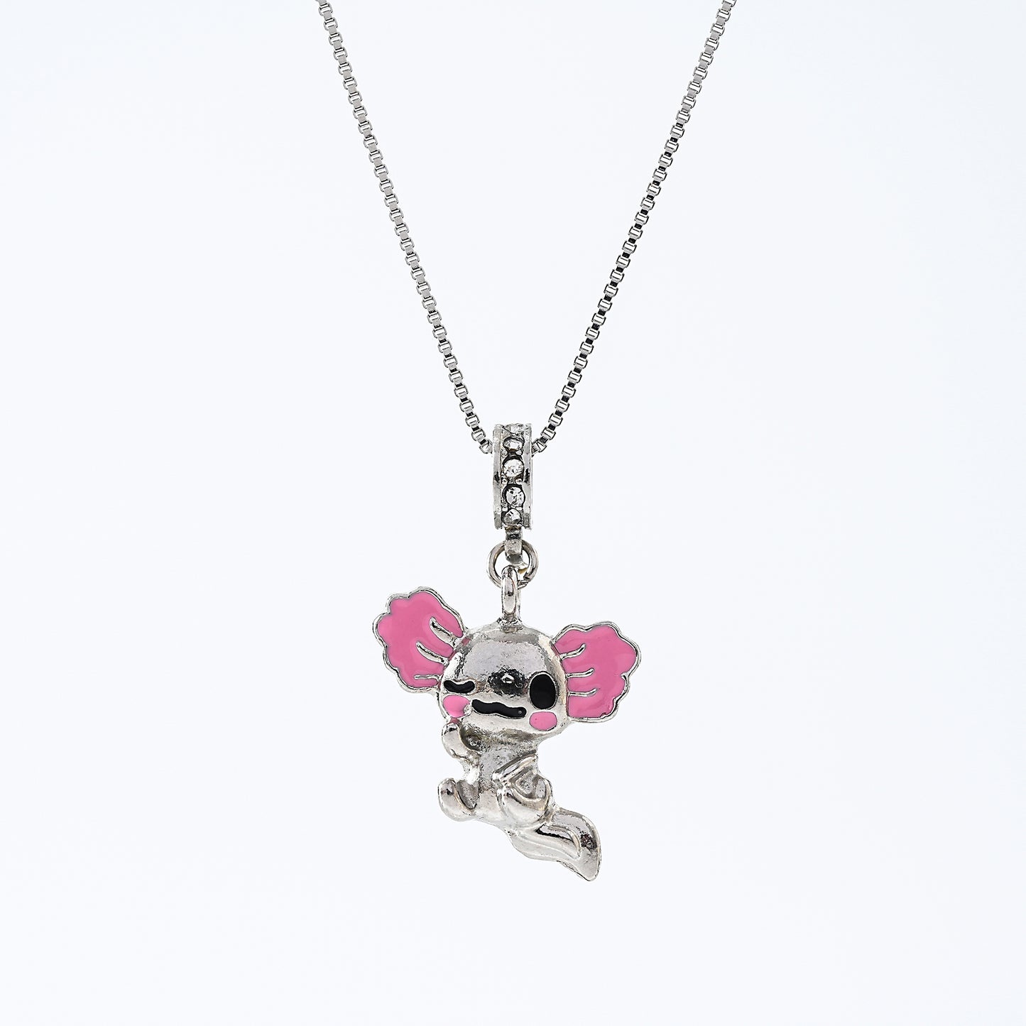 1pc Kawaii Boho Necklace Silver Axolotl Pendants with Pink&Red Ears and Crystal Accents, Square/Box Chains, Women's Everyday Wear/Date Night/Casual Gift