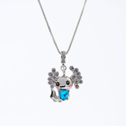1pc Kawaii Boho Necklace, Silver Axolotl Pendant with Pink Cheeks & Blue Crystal Body, Purple Gem Wing Accents, Women's Everyday Wear/Date Night/Christmas Gift
