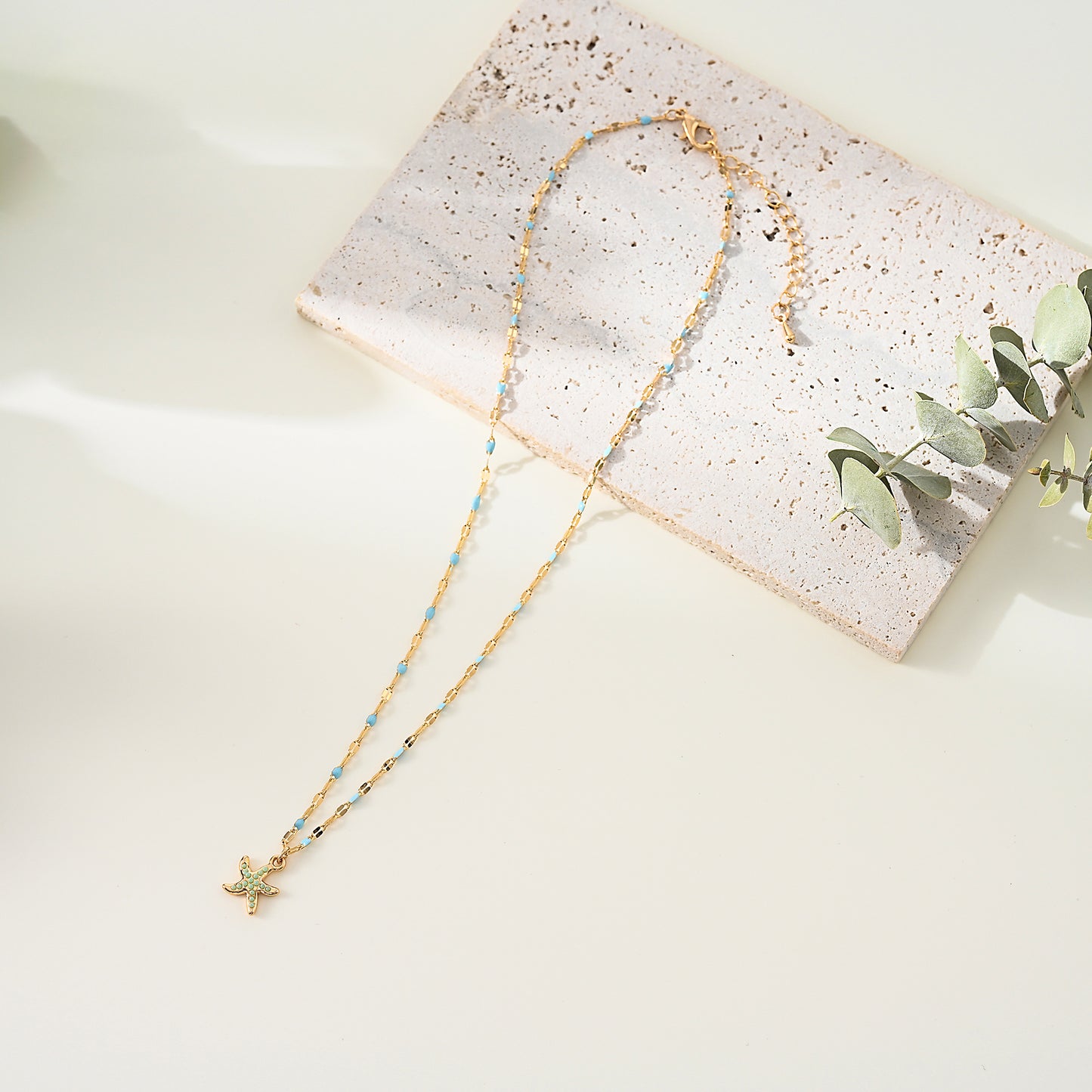 1pc Boho Coastal Necklace, Gold Beaded Chain with Crystal Starfish Pendant, Green/Blue Accents, Women's Summer Vacation/Beach Party/Casual Gift