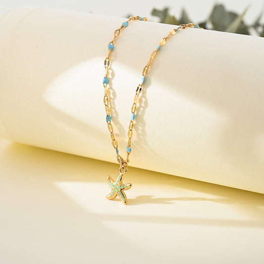 1pc Boho Coastal Necklace, Gold Beaded Chain with Crystal Starfish Pendant, Green/Blue Accents, Women's Summer Vacation/Beach Party/Casual Gift