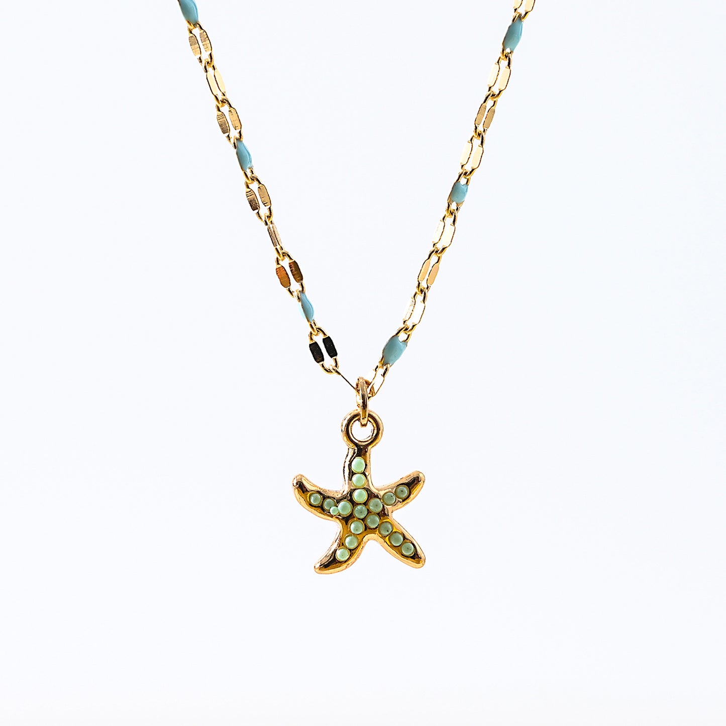 1pc Boho Coastal Necklace, Gold Beaded Chain with Crystal Starfish Pendant, Green/Blue Accents, Women's Summer Vacation/Beach Party/Casual Gift