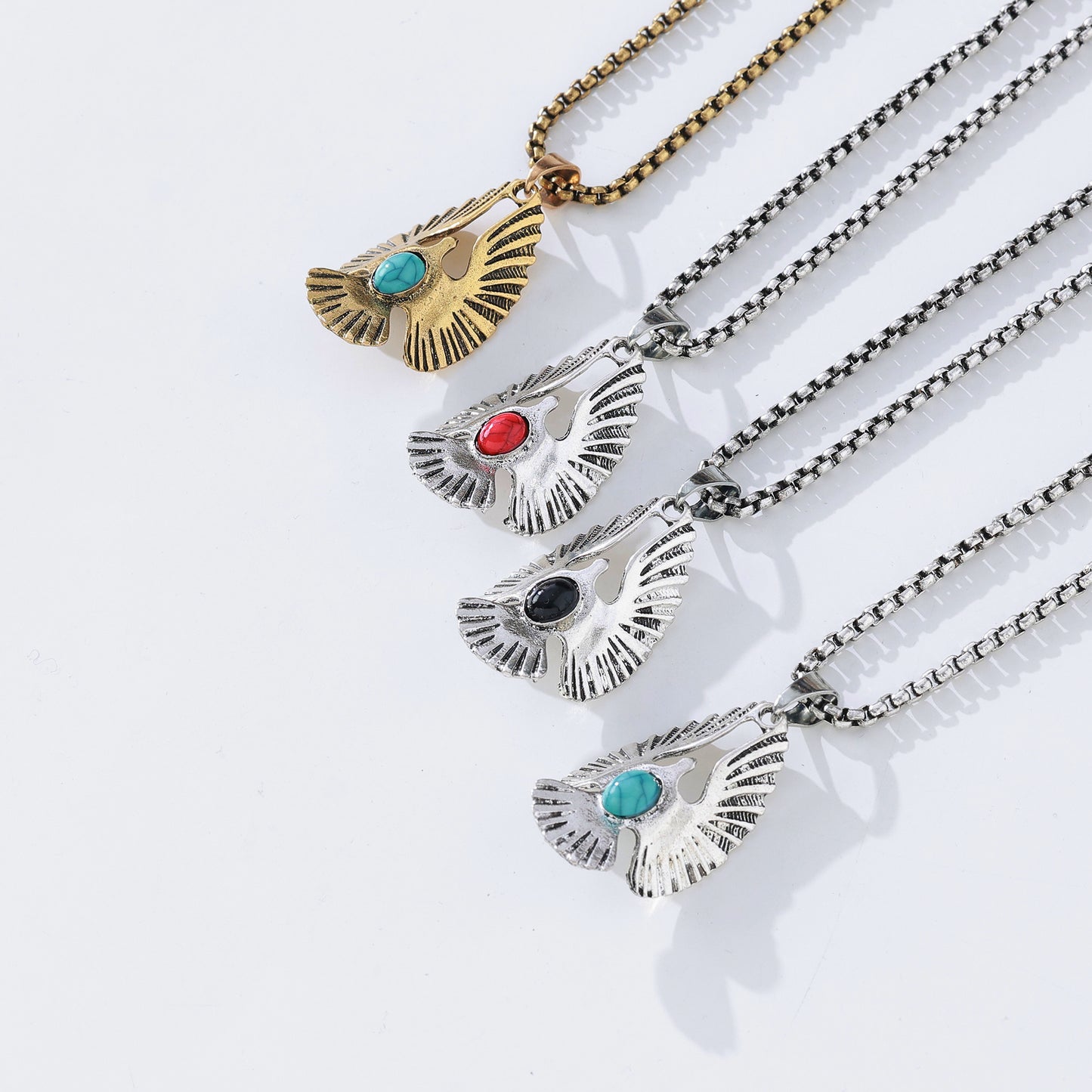 Vintage Eagle Pendant Necklace with Gemstone - Handcrafted Metal Wings, Bohemian Jewelry for Men & Women