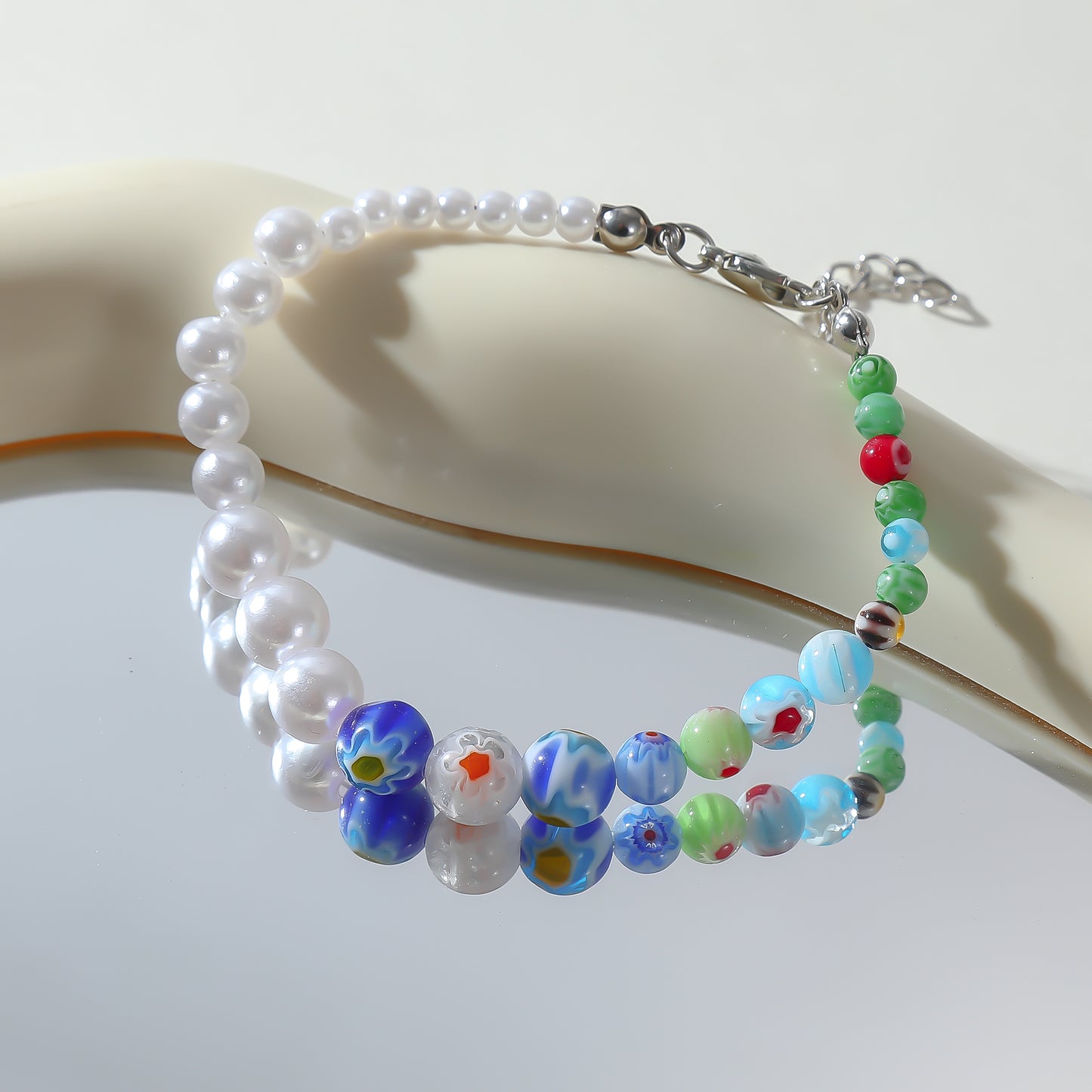 Handmade Graduating Pearl and Millefiore Bead Bracelet - Elegant Colorful Jewelry for Women, Unique Gift for Special Occasions